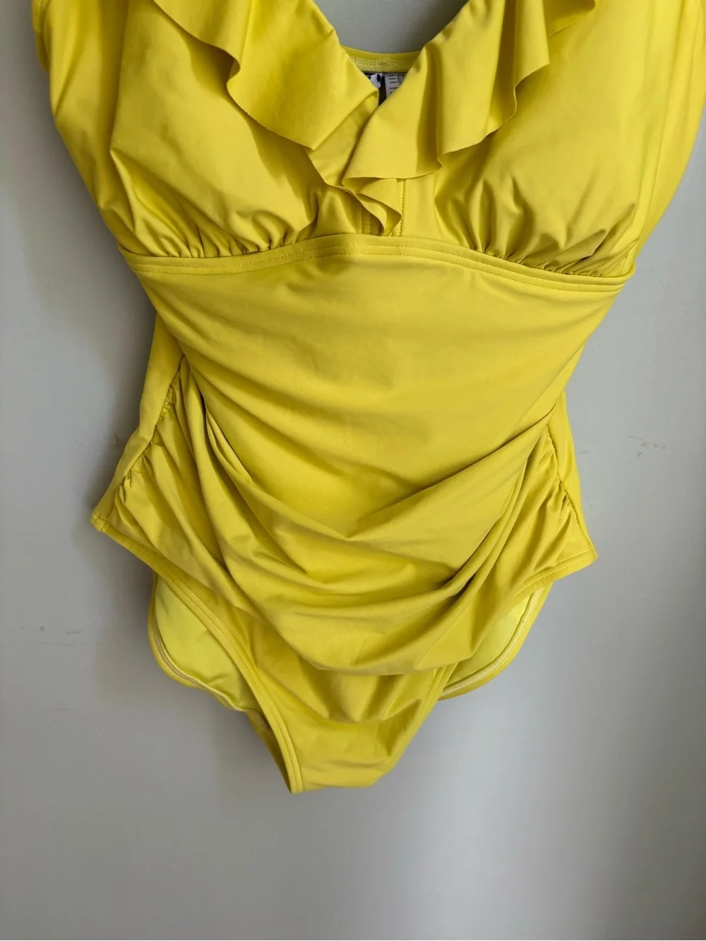 DKNY Ruffle Plunge Underwire Tummy Control Swimsuit. Bright Yellow size Large